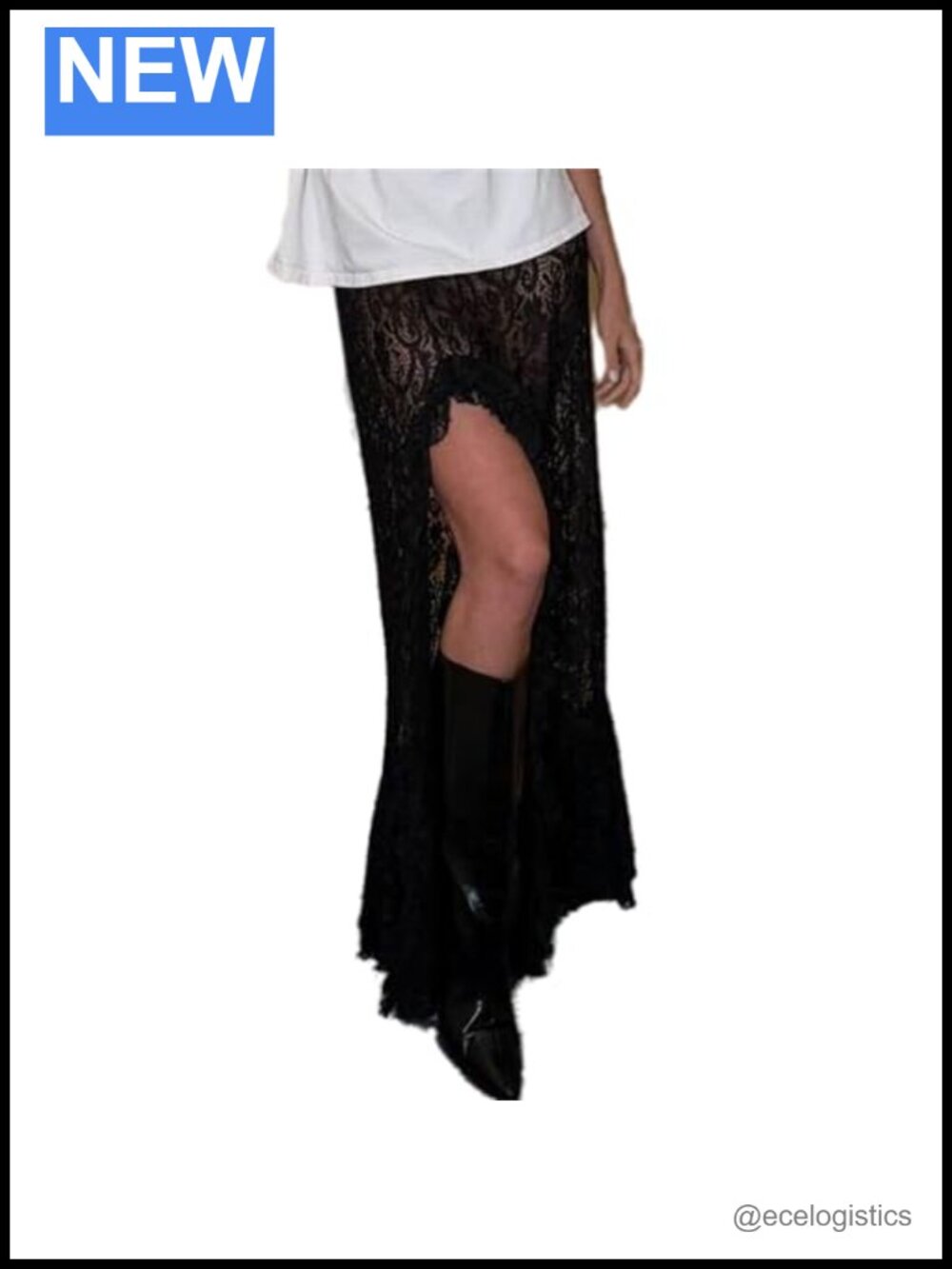Women's High Rise Flowy Side Slit Maxi Skirt with Floral Lace